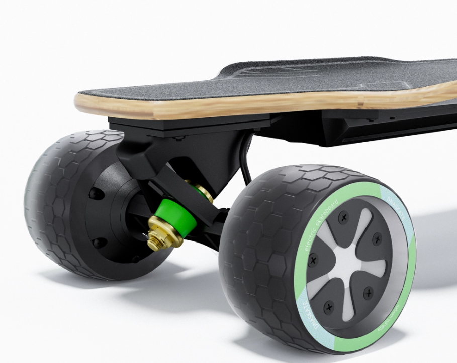 Close-up of an electric skateboard showing the front wheel, suspension, and part of the deck with a natural wood edge on a white background.