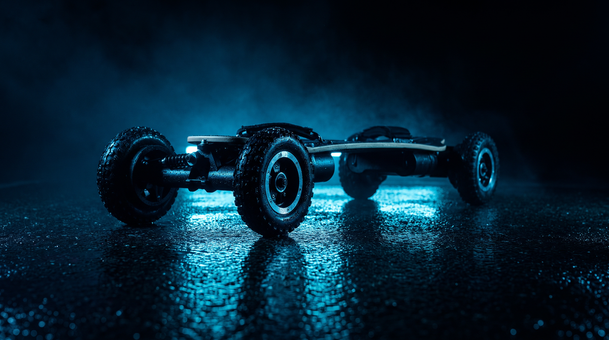 Journ-E Apex all-terrain electric skateboard on rain-soaked asphalt at night