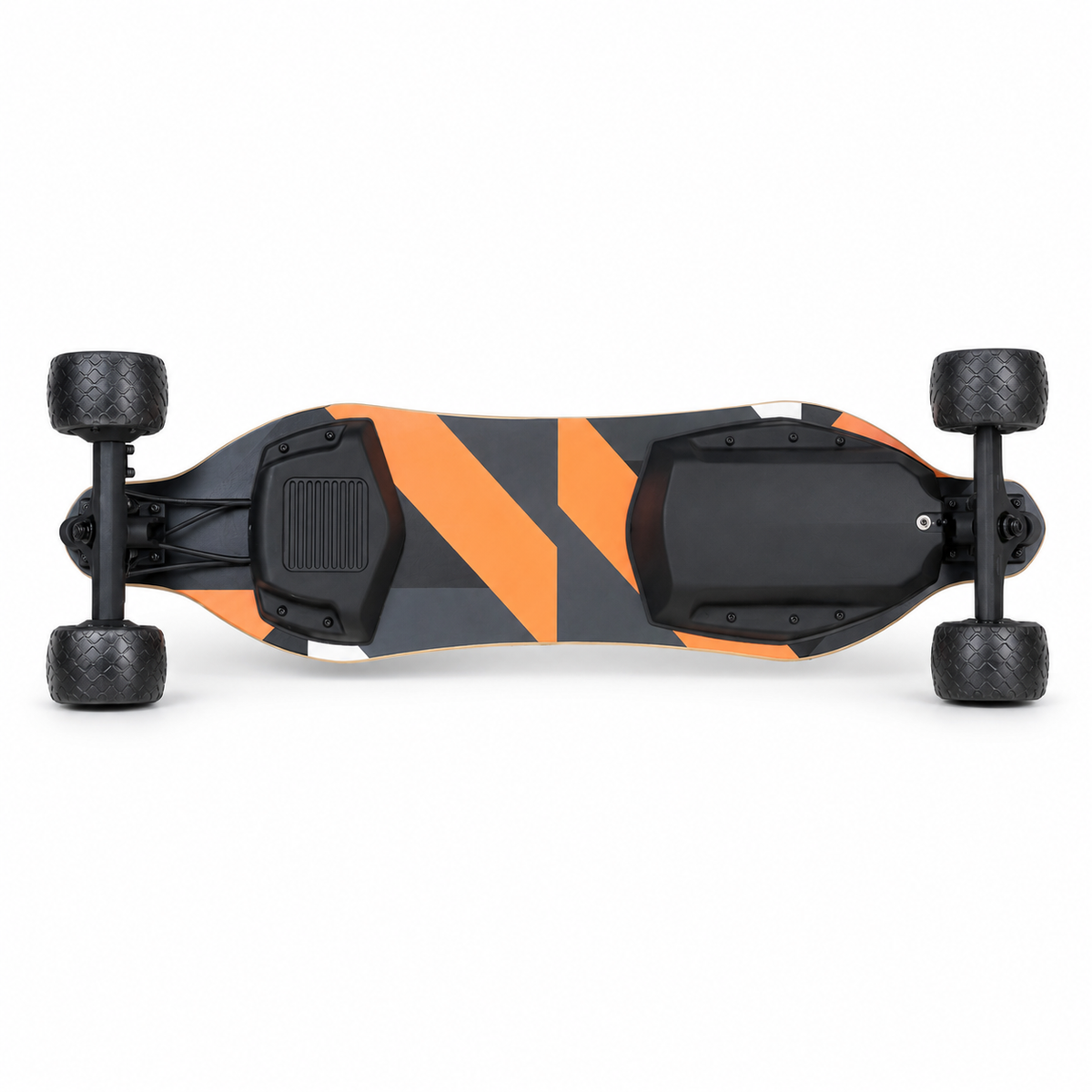 An electric skateboard shown from a top-down view, featuring a black deck with bold orange diagonal stripes and black wheels. For the Journ-E Phantom Design