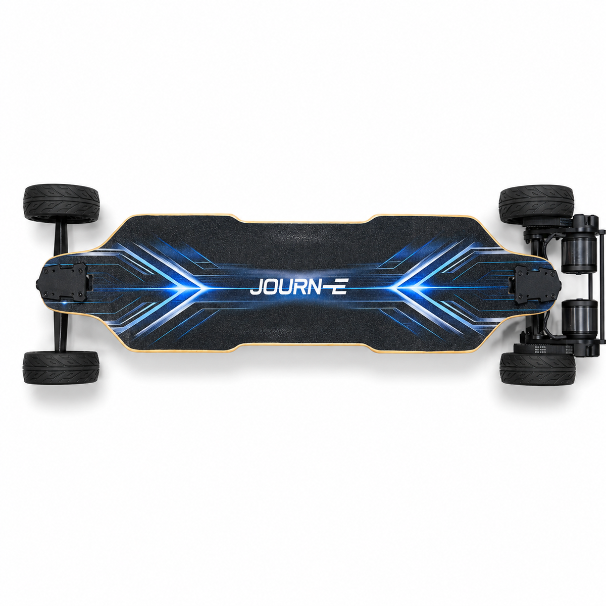 Top-down view of a JOURN-E electric skateboard Relentless with a black deck featuring blue glowing geometric lines and white brand lettering, shown with black wheels and drivetrain components on a white background.