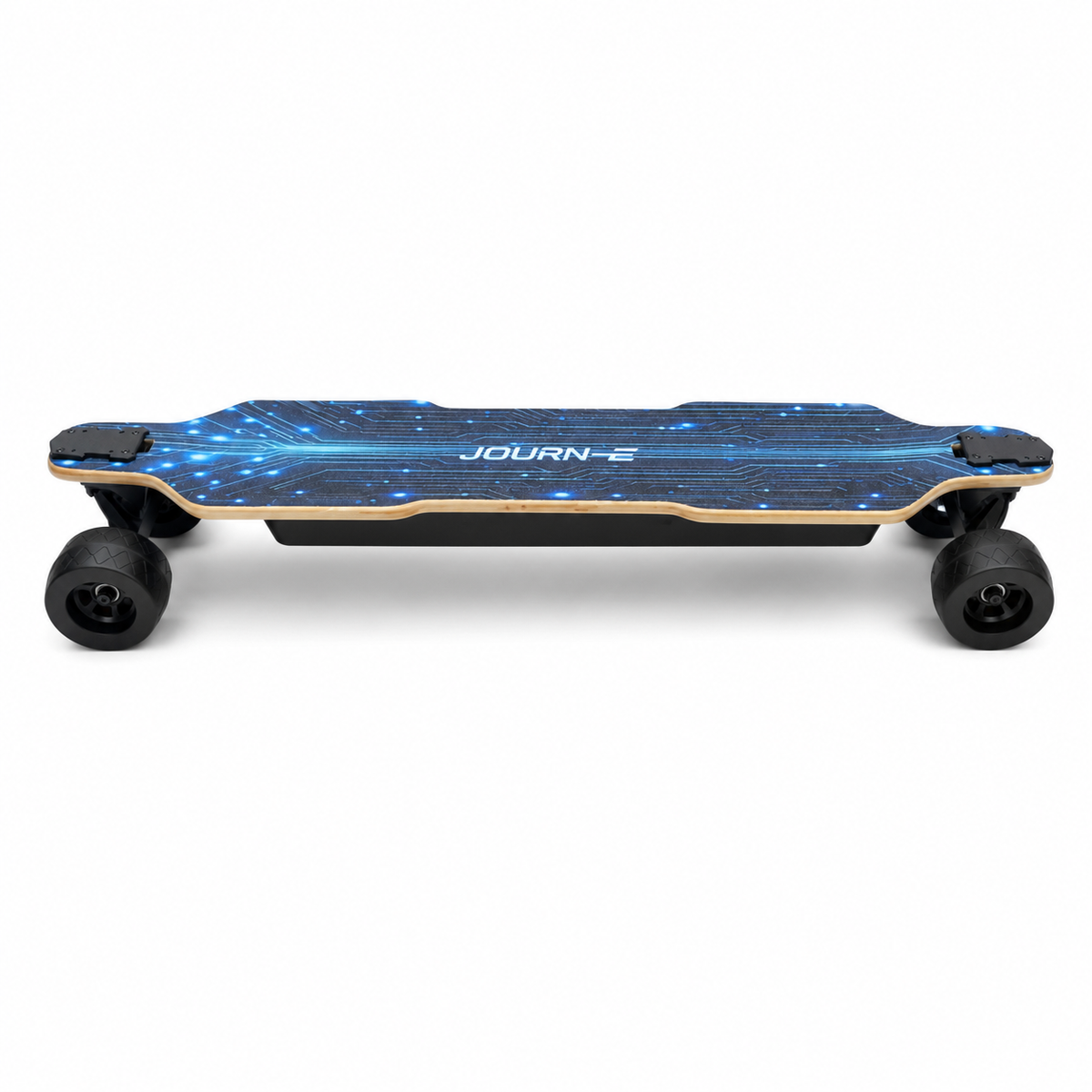 A longboard electric skateboard with a dark blue and black cosmic circuit board graphic on the deck, featuring black wheels and a light wood-grain edge, shown against a plain white background. On a side profile view.