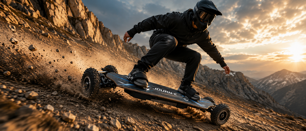 Rider in protective gear on a black Journ-E Apex off-road electric skateboard descending a rocky mountain slope at sunset