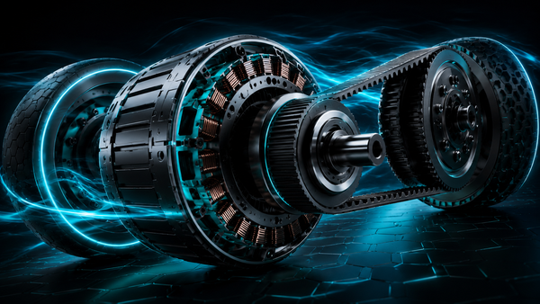 Cutaway render of a Journ-E belt-drive motor and final drive assembly — showing what a second motor adds on a dual-drive electric skateboard versus a single drive.