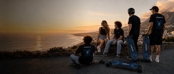 Five riders with Journ-E electric skateboards on a Cape Town cliffside overlook at sunset, ocean and city skyline behind them