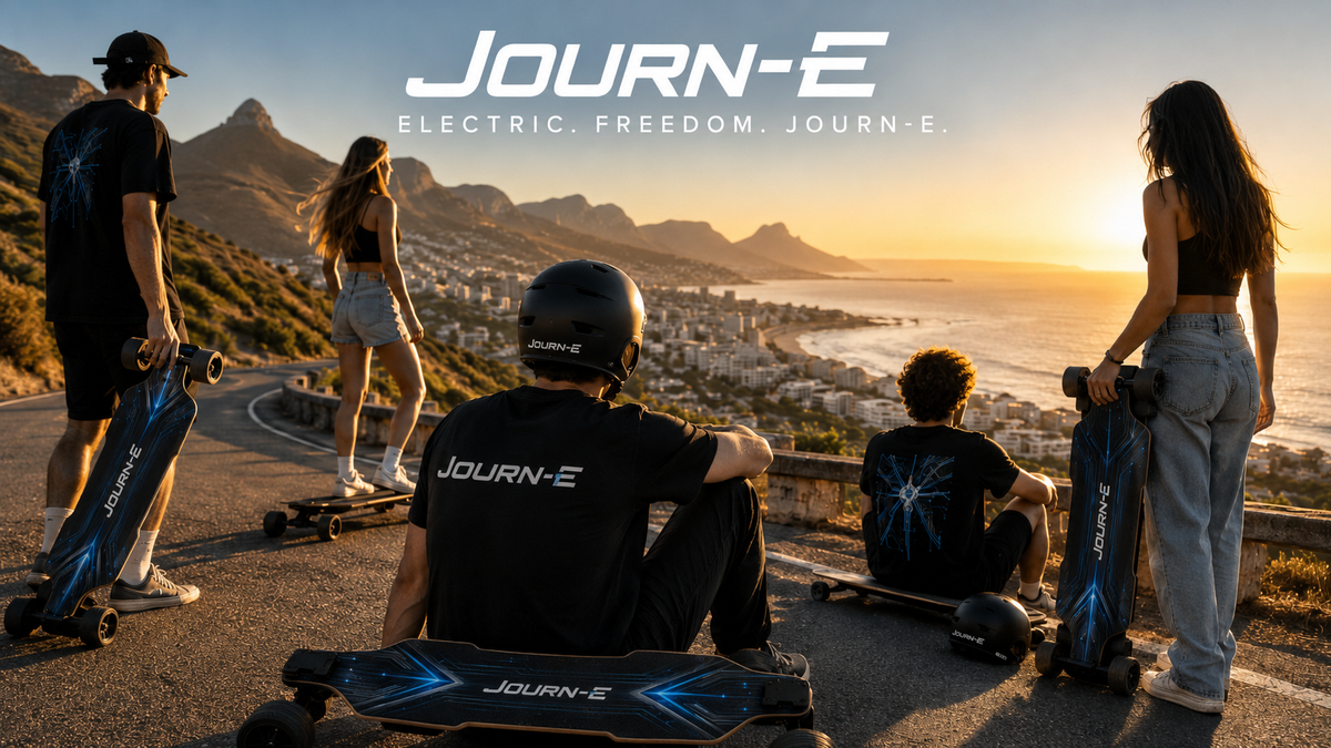 A group of riders on a coastal road at sunset, each holding a different Journ-E electric skateboard model — illustrating the range of electric skateboard prices available in South Africa from R4,499 to R26,999.