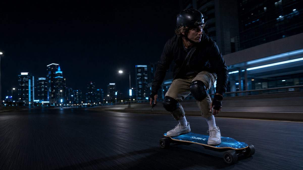 A helmeted rider in protective gear on an electric skateboard on a lit city street at night — illustrating where electric skateboards may and may not legally be ridden in South Africa.