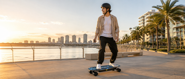 A commuter in a helmet and jacket riding a Journ-E electric skateboard along a waterfront promenade past modern buildings at sunset — electric skateboard commuting in South Africa.
