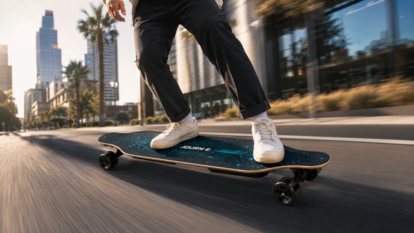 Rider on a Journ-E Origins electric longboard on an open city street at sunset with distance visible ahead