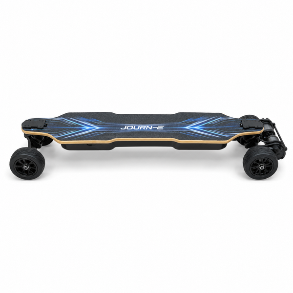 Journ-E Relentless dual belt motor electric skateboard in side profile — the R26,999 flagship compared against Evolve's R31,500 entry-level board for South African riders.