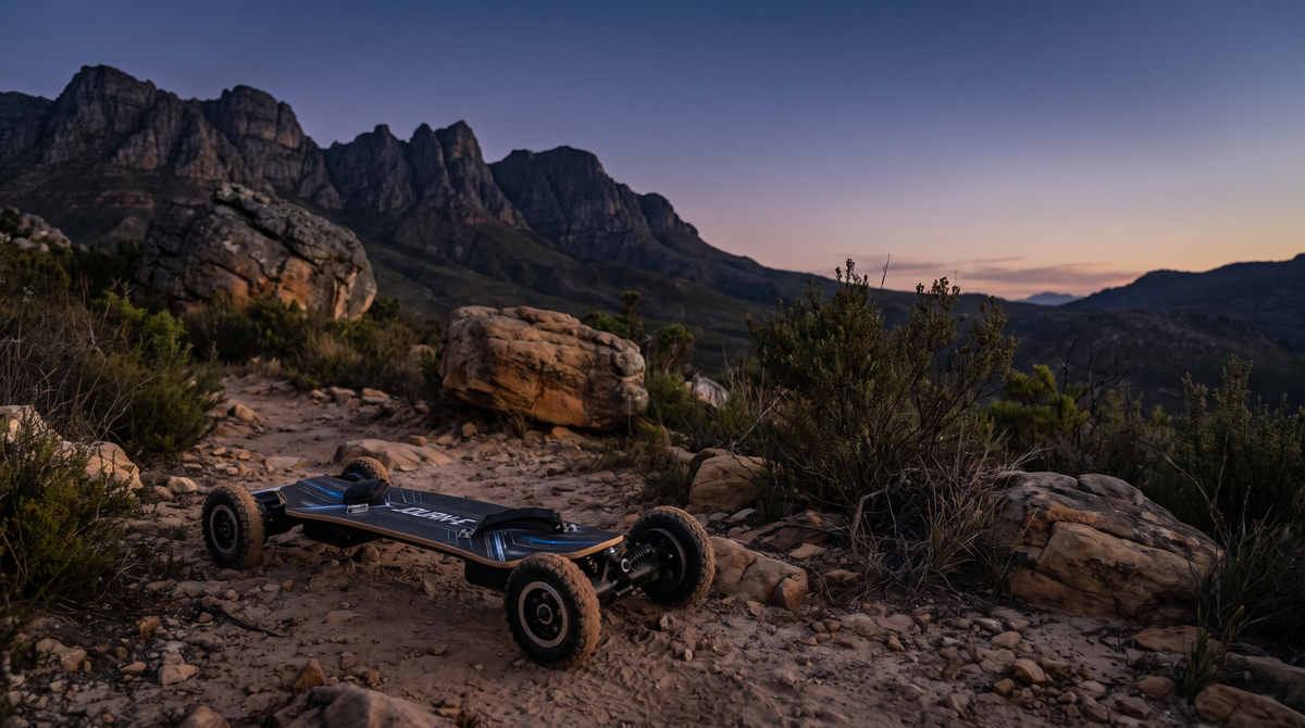 Journ-E Apex all-terrain electric skateboard with off-road tyres on a rocky Western Cape mountain trail at dusk