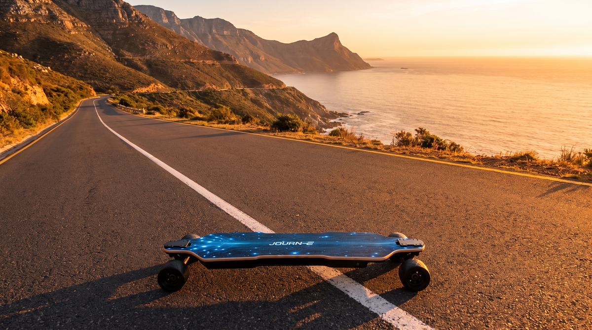 Journ-E long-range electric skateboard on an empty coastal mountain pass above the Atlantic at sunset