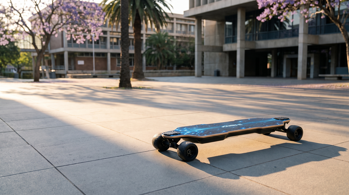 Journ-E electric skateboard on a South African university campus courtyard at golden hour - street and campus commuting boards