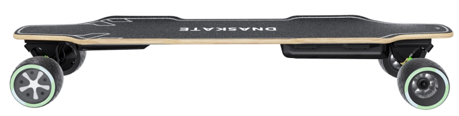 A longboard electric skateboard with a black grip tape deck, natural wood edges, and dual green-tinted wheels, shown against a plain white background.