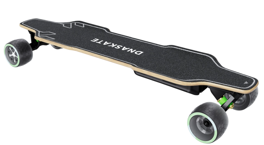 A DNASKATE longboard electric skateboard with a black grip-tape deck, natural wood edge, and green-accented wheels, shown on a plain white background.