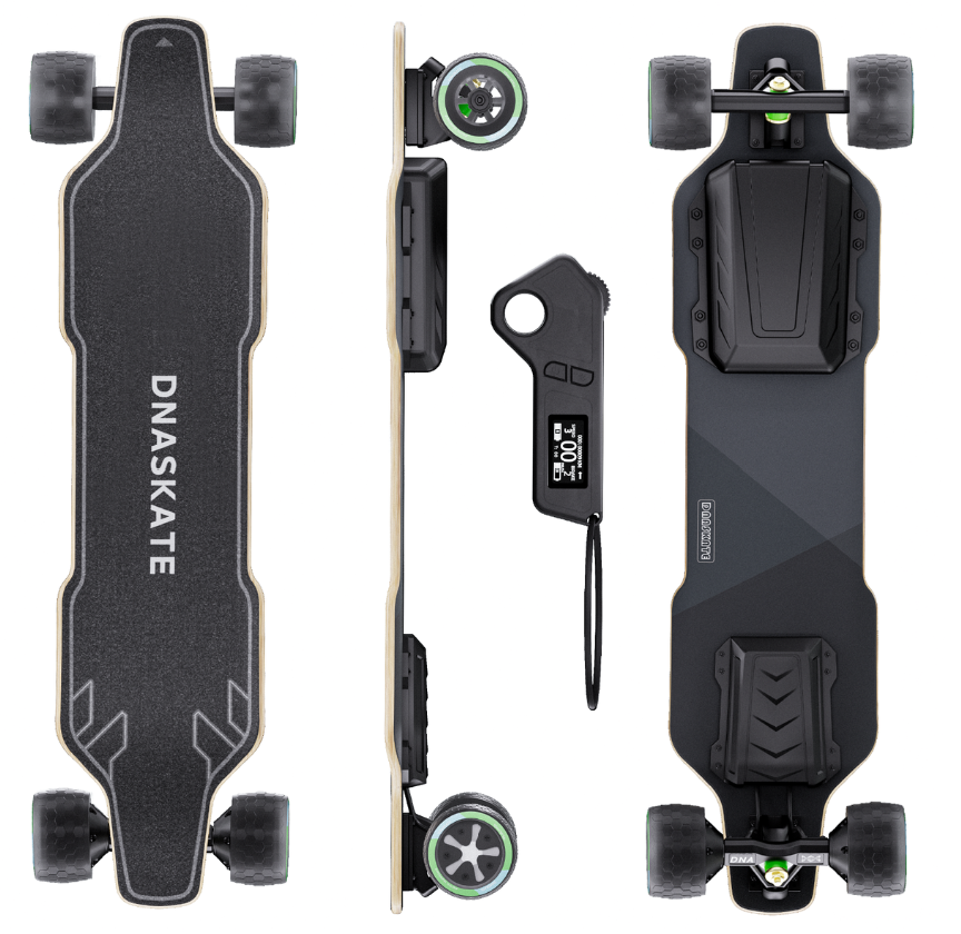 Three views of a DNASKATE electric longboard skateboard on a white background: top, side, and bottom. The board is primarily black with a light wood deck edge, black wheels, and a small green accent on the wheel hub.