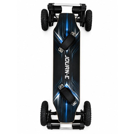 Journ-E Apex all-terrain electric skateboard deck seen from directly above, showing the concave shape, foot straps and knobbly off-road tyres at each corner