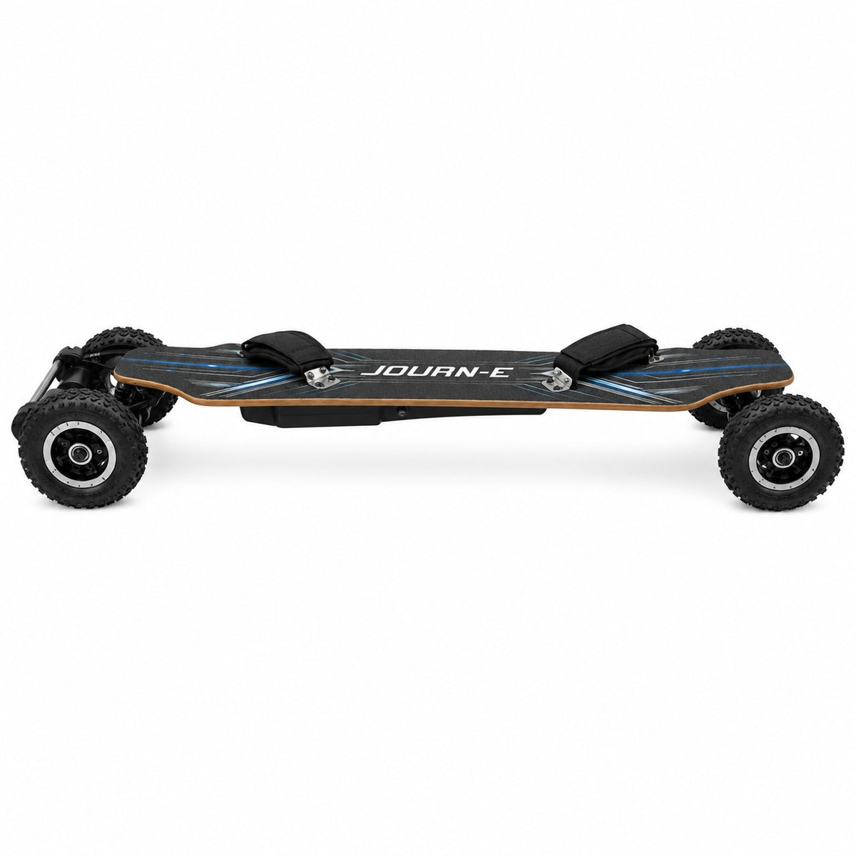 Journ-E Apex all-terrain electric skateboard side profile view, showing ride height, deck camber and the 150 mm pneumatic off-road wheels