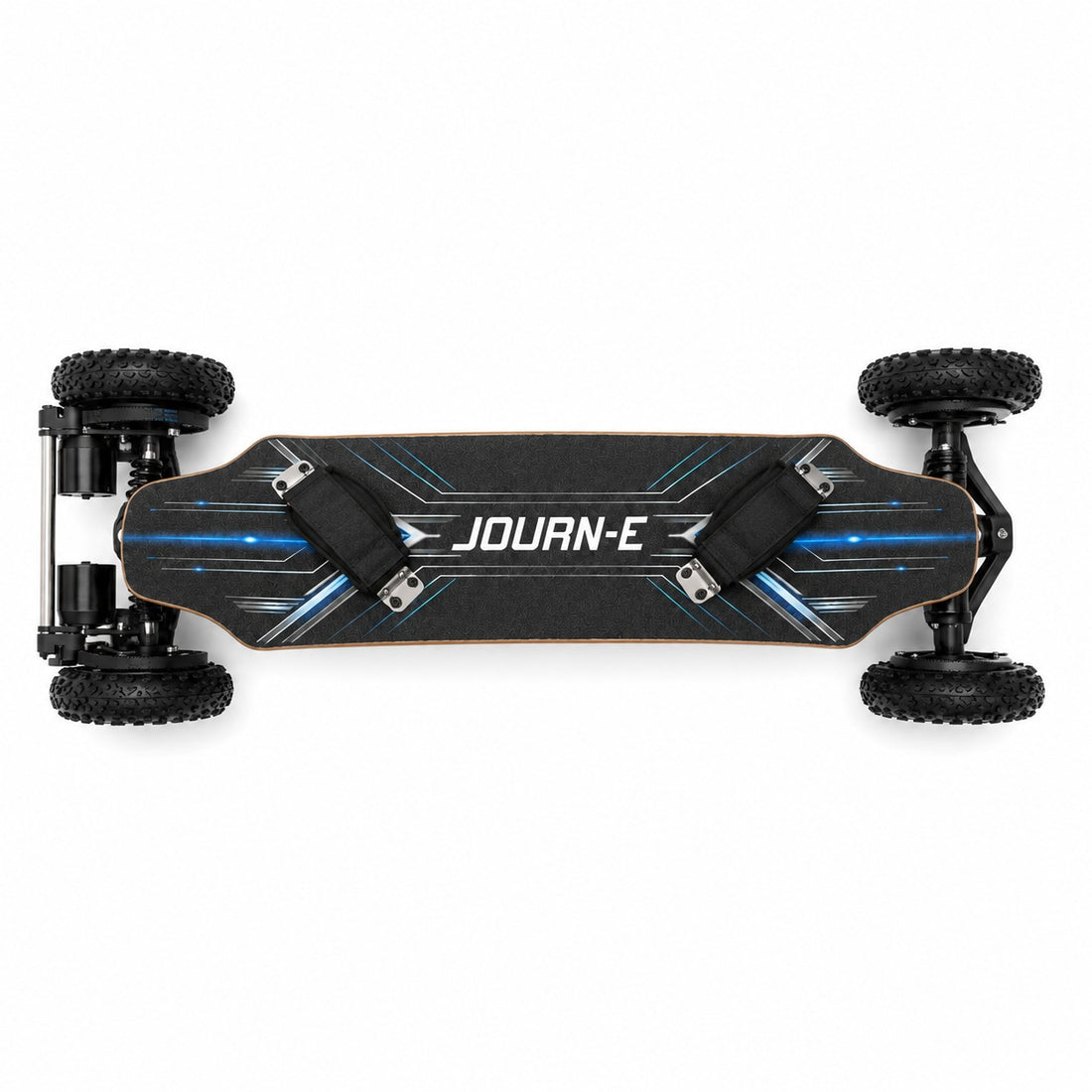 Journ-E Apex all-terrain electric skateboard, top-down view of the deck showing the black grip tape, blue circuit graphics and two adjustable foot straps