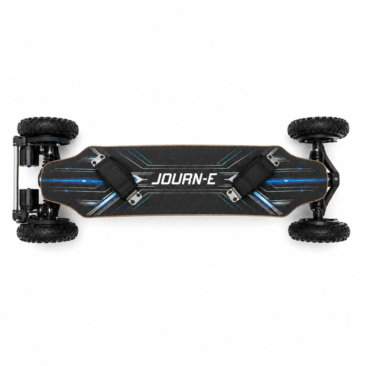 Journ-E Apex all-terrain electric skateboard, top-down view of the deck showing the black grip tape, blue circuit graphics and two adjustable foot straps