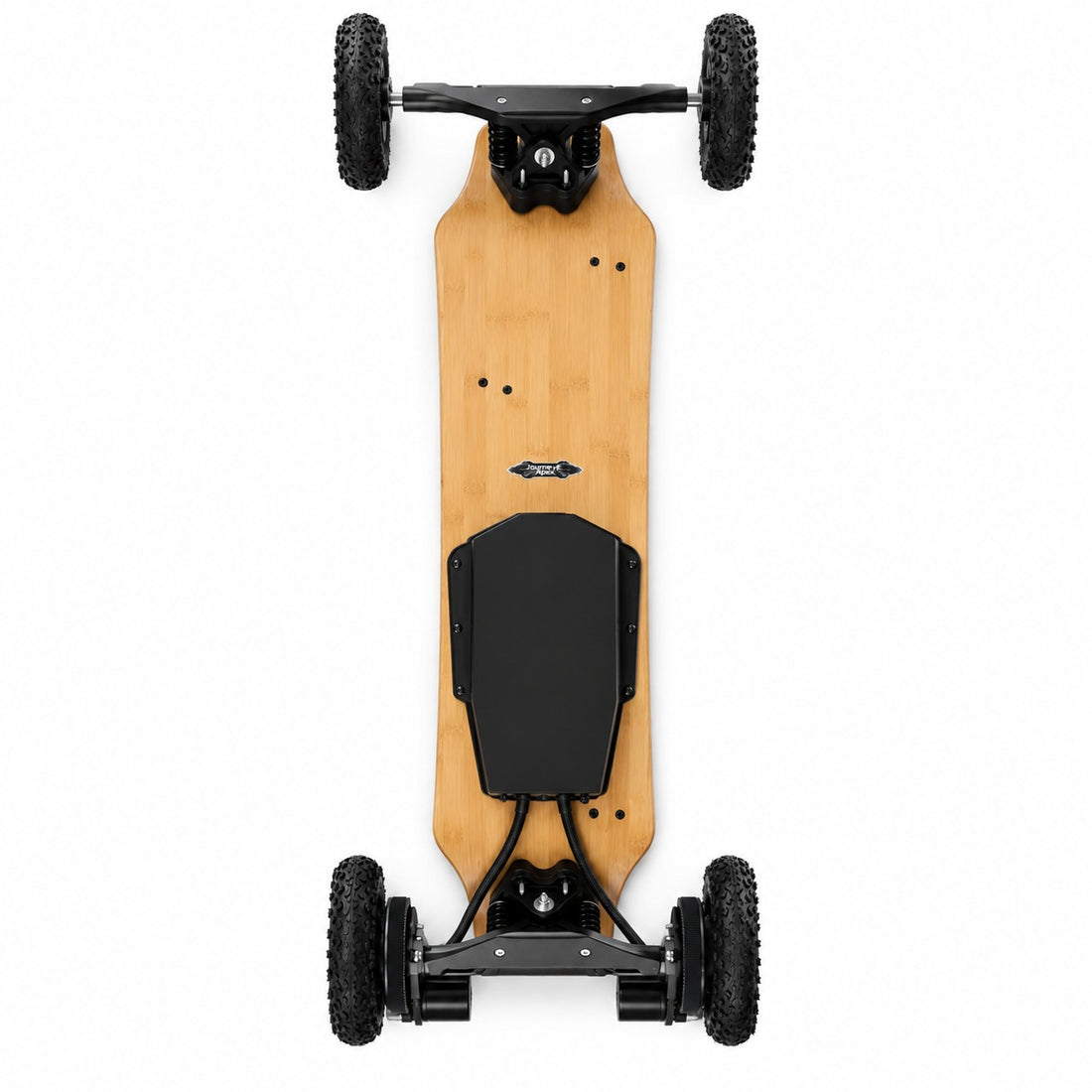 Underside of the Journ-E Apex all-terrain electric skateboard, showing the dual belt motors, battery enclosure and drivetrain