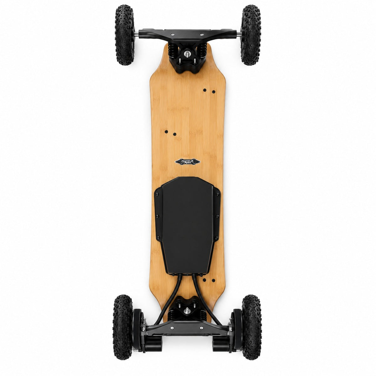 Underside of the Journ-E Apex all-terrain electric skateboard, showing the dual belt motors, battery enclosure and drivetrain