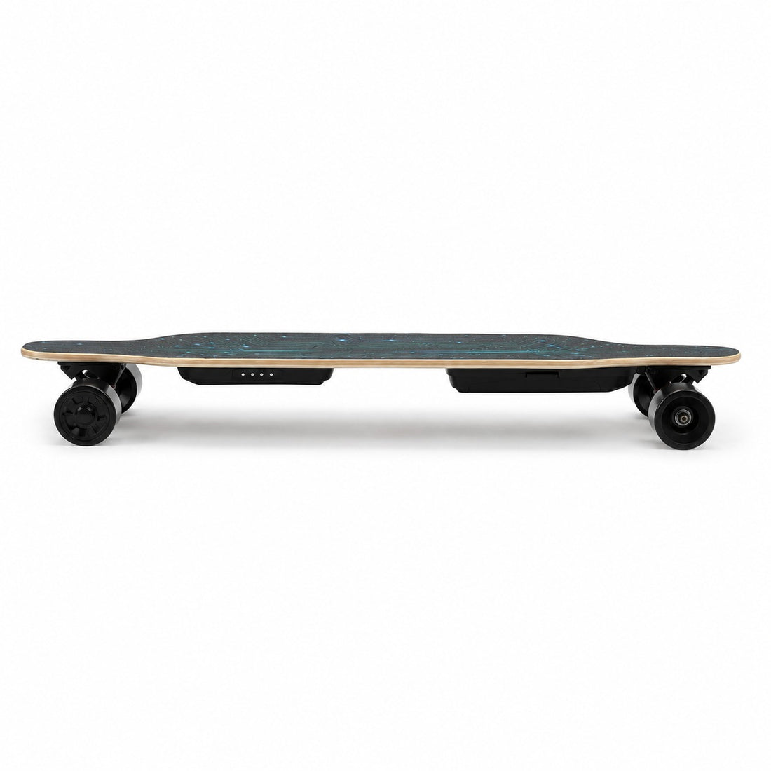A longboard electric skateboard shown from a side profile view against a solid white background. The deck features a dark teal-green wood grain pattern, natural light wood edges, black motor housings, and black wheels.