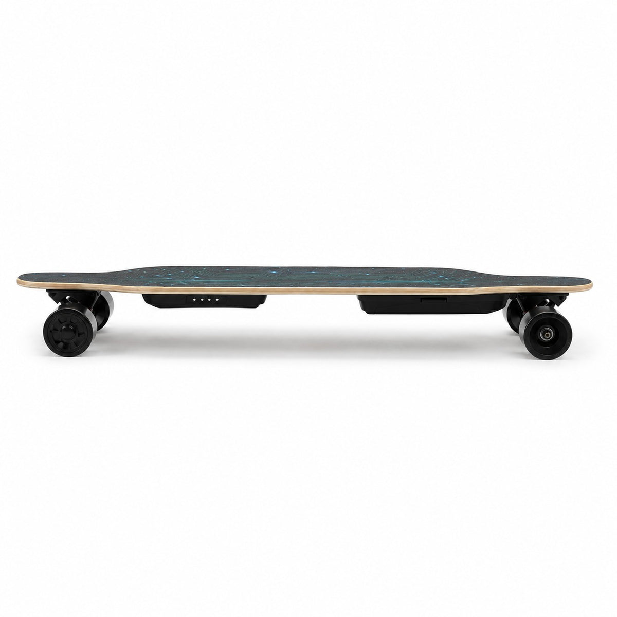 A longboard electric skateboard shown from a side profile view against a solid white background. The deck features a dark teal-green wood grain pattern, natural light wood edges, black motor housings, and black wheels.