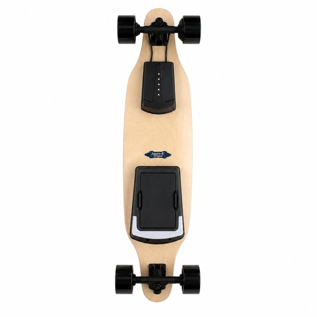 A top-down view of a longboard electric skateboard with a natural wood deck, black battery packs, and black wheels on a solid white background.