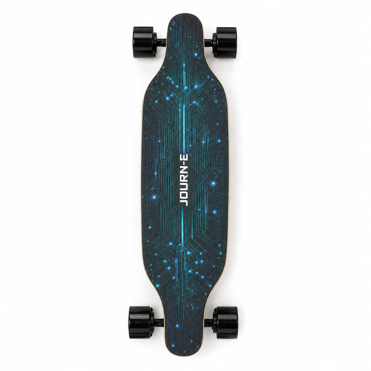 A longboard skateboard shown from a top-down view on a white background. The deck features a dark teal and black circuit board pattern with glowing blue lights and the brand name 'JOURN-E' printed vertically in white.