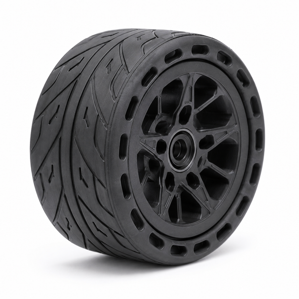 Journ-E Relentless 140 by 50 mm airless honeycomb all-terrain wheels — top deck view