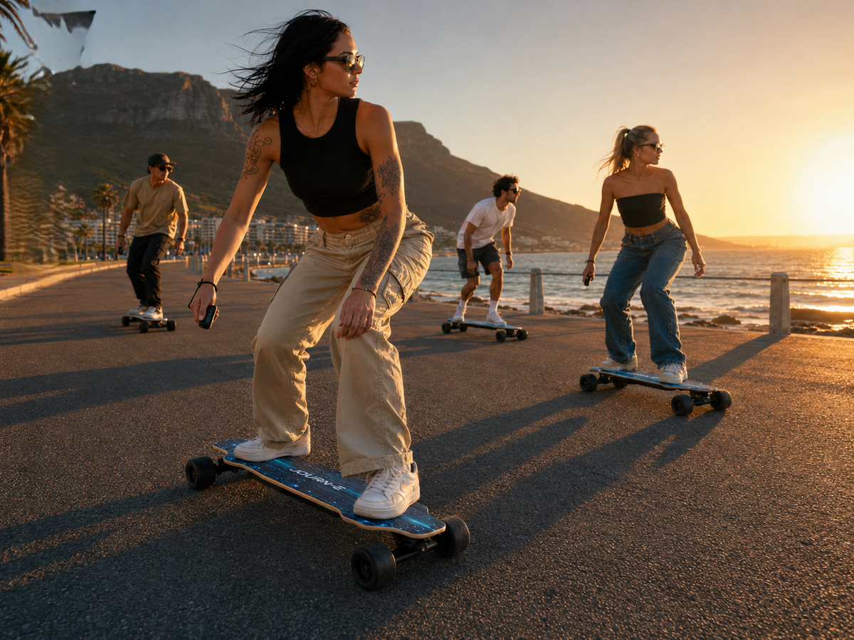 Three people riding electric longboards on a paved coastal path at sunset, with ocean waves and mountains in the background. The main rider in the foreground wears a black tank top, beige pants, and white sneakers.