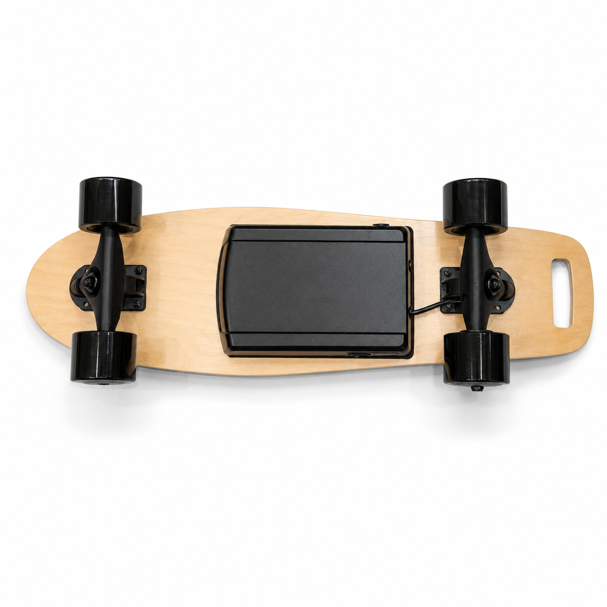 A top-down view of a longboard skateboard with a natural wood deck, black wheels, and a central black battery pack, isolated on a white background.