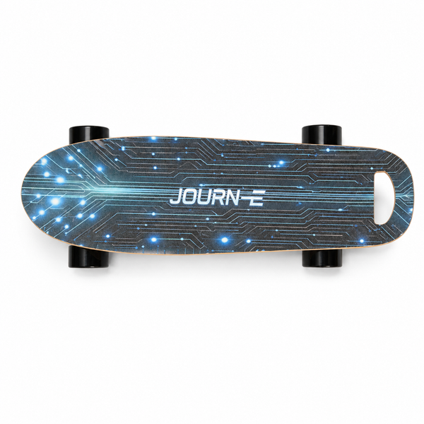 A JOURN electric skateboard deck with a black and blue circuit board pattern, shown from a top-down view on a white background.