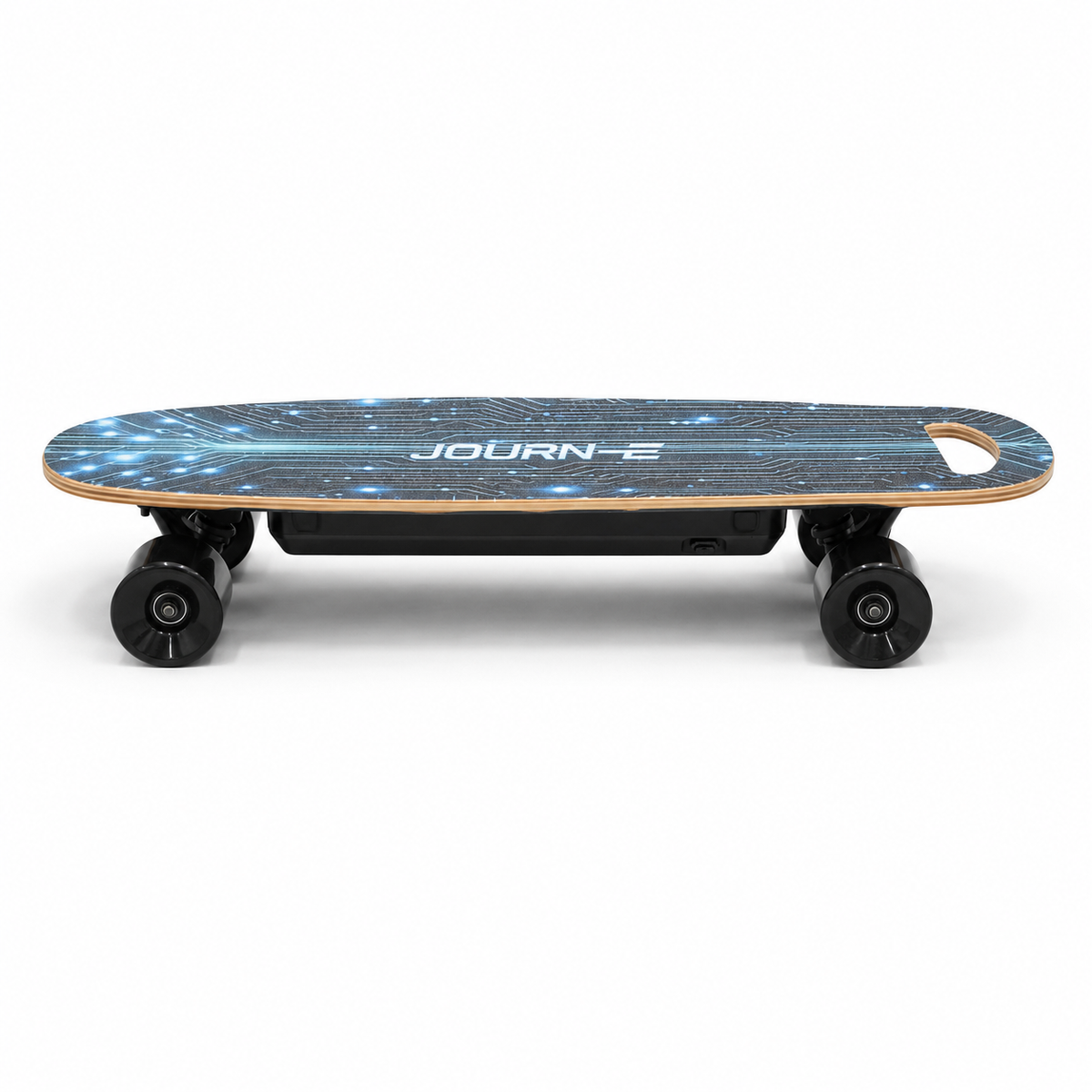 A JOURN-E electric skateboard with a blue and black galaxy pattern deck, black wheels, and a black battery pack, shown from a side profile view on a white background. Journ-E Nova Electric Side profile skateboard