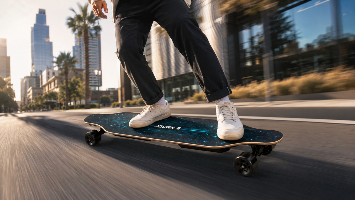 A person riding an electric skateboard on a city street during sunset, wearing black pants and white sneakers. The skateboard has a dark teal and black graphic deck with the brand name JOURNEE visible on the underside.