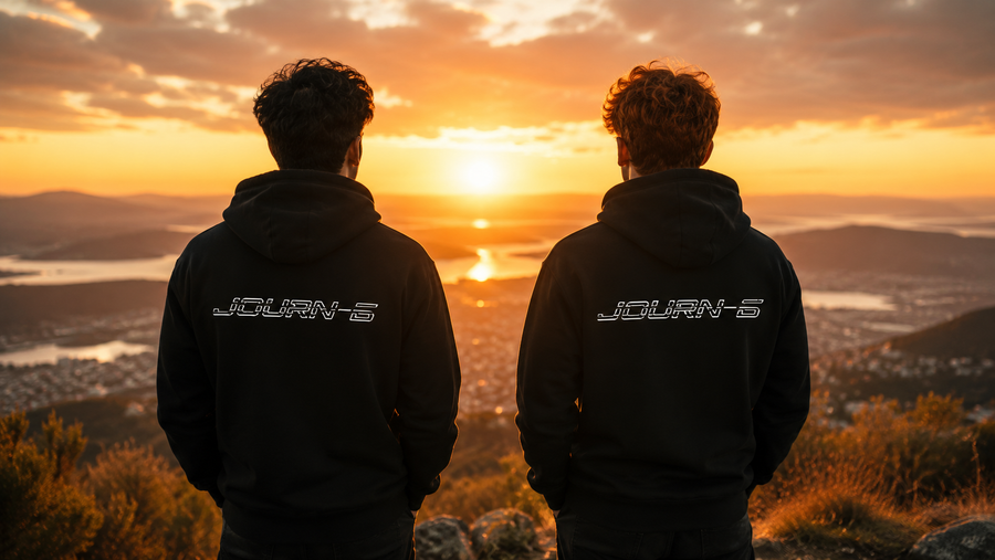 Two people standing on a hilltop at sunset, seen from behind, wearing matching black hoodies with 'JOURN-5' printed across the back. The background shows a scenic landscape with a glowing sun over water and mountains.