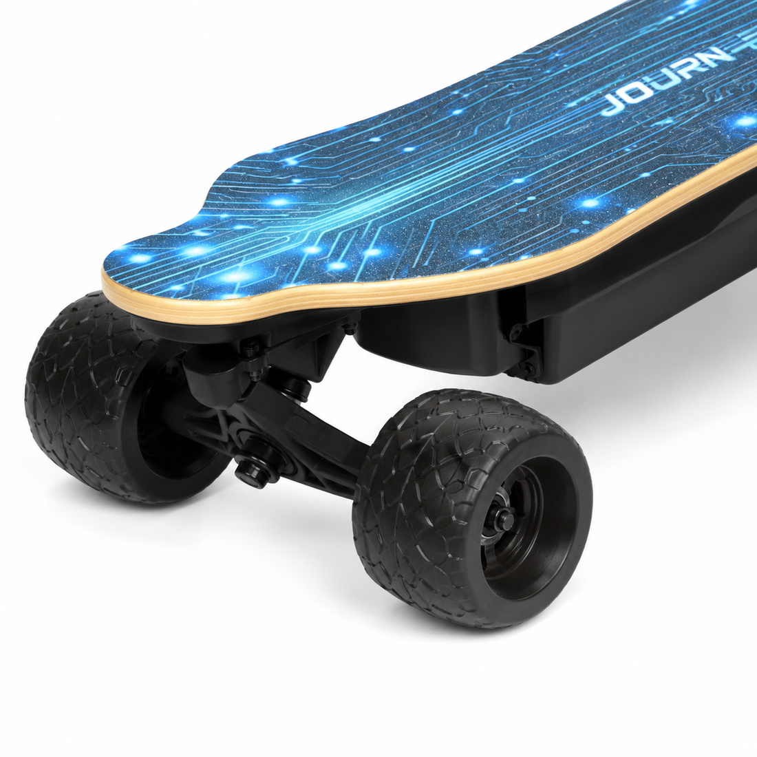 Close-up of an electric skateboard with a black deck featuring a glowing blue circuit board graphic, a natural wood edge, and black textured wheels on a white background.