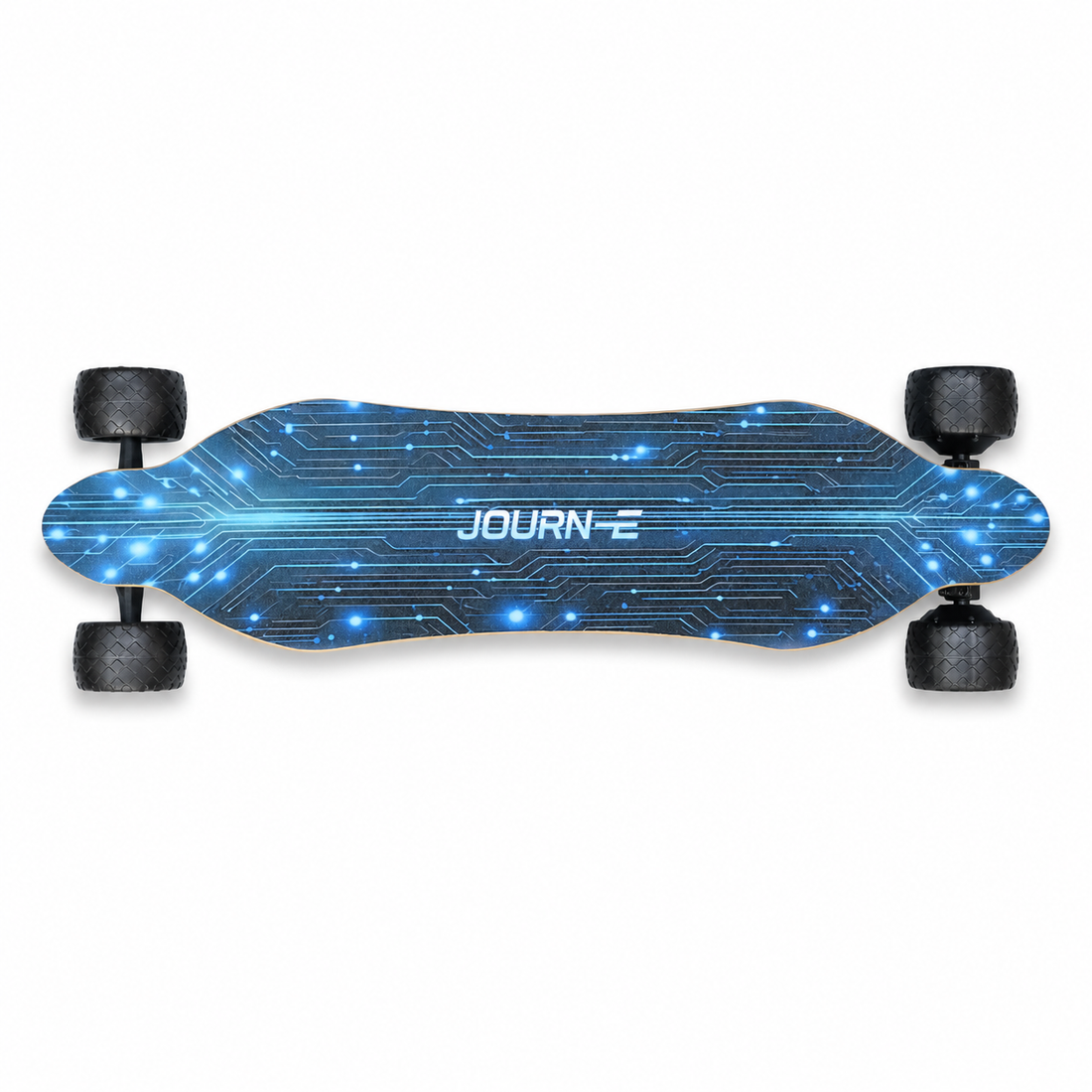 A longboard electric skateboard shown from a top-down view on a white background. The deck features a blue and black circuit board pattern with glowing light effects, and the brand name 'JOURN-E' is printed in white on the center.