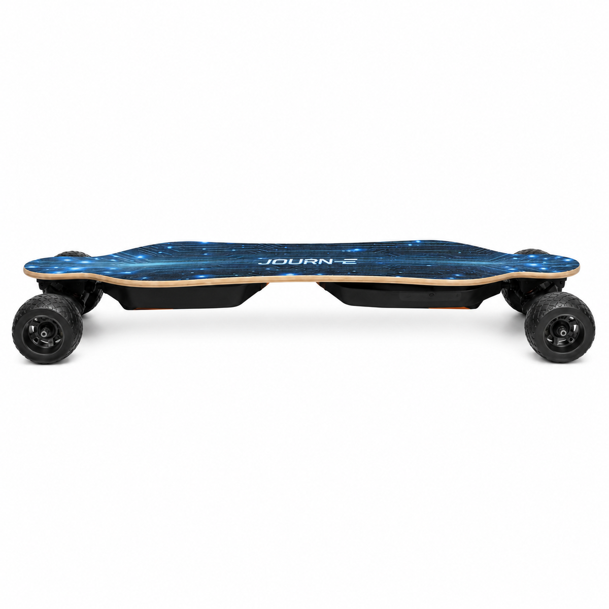 A longboard electric skateboard shown from a side profile view against a solid white background. The deck features a blue and black galaxy pattern with the brand name 'JOURN-E' printed in white. Image is shown on a  side profile view. 