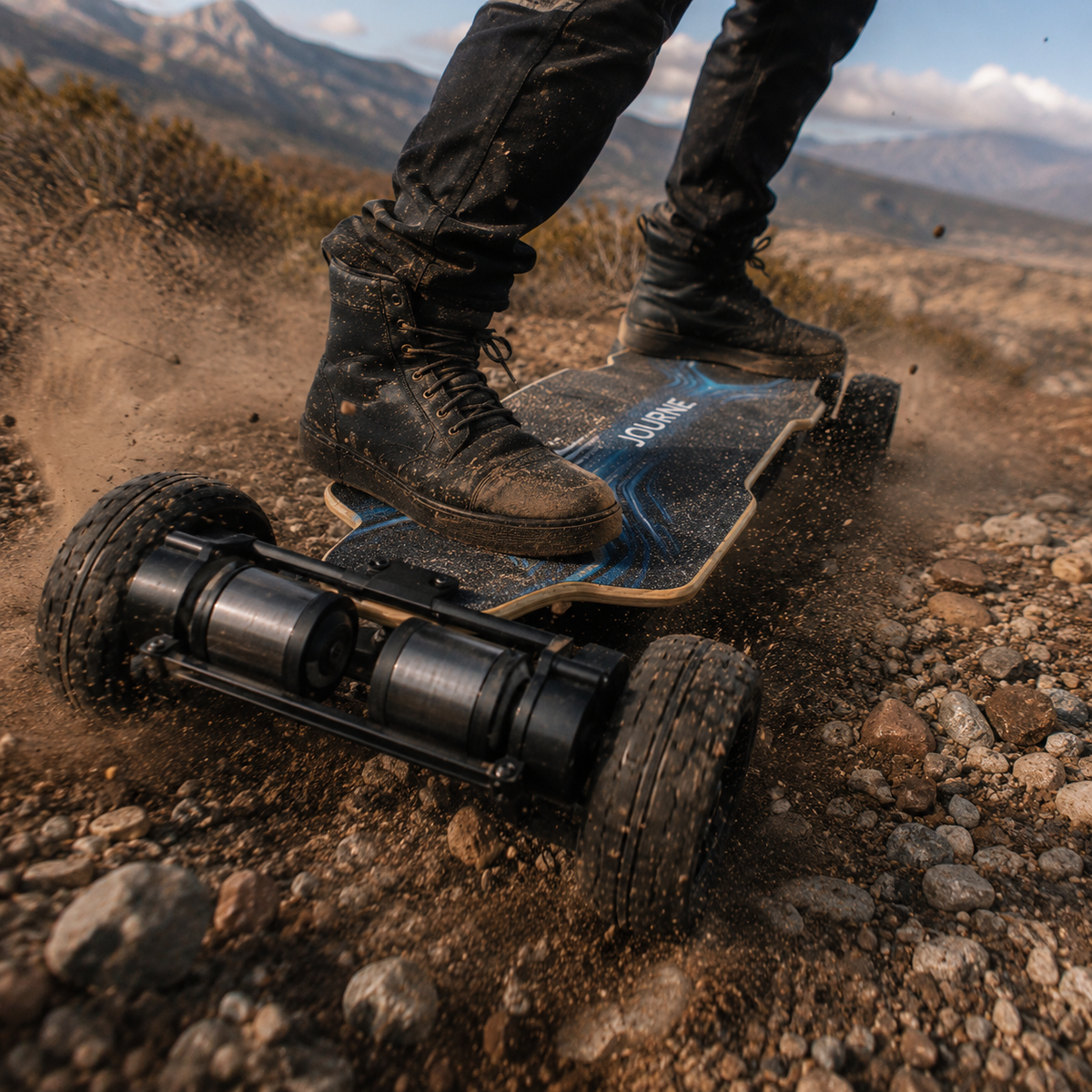 Journ-E Relentless Electric Skateboard Lifestyle image (1) - showing the shear torque and power of the relentless on a rugged terrain