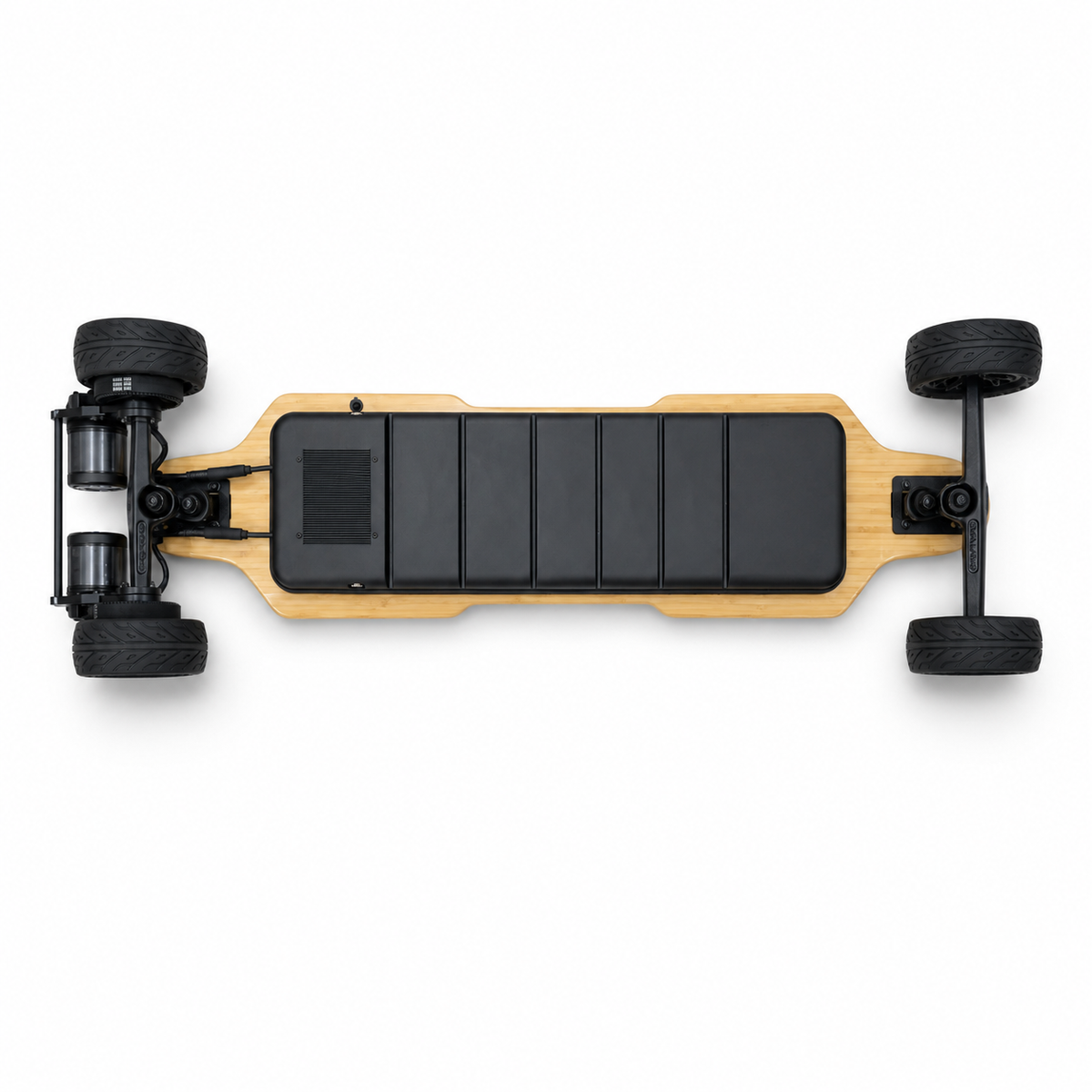 Journ-E Relentless off-road dual belt motor electric skateboard — wheel and truck close-up