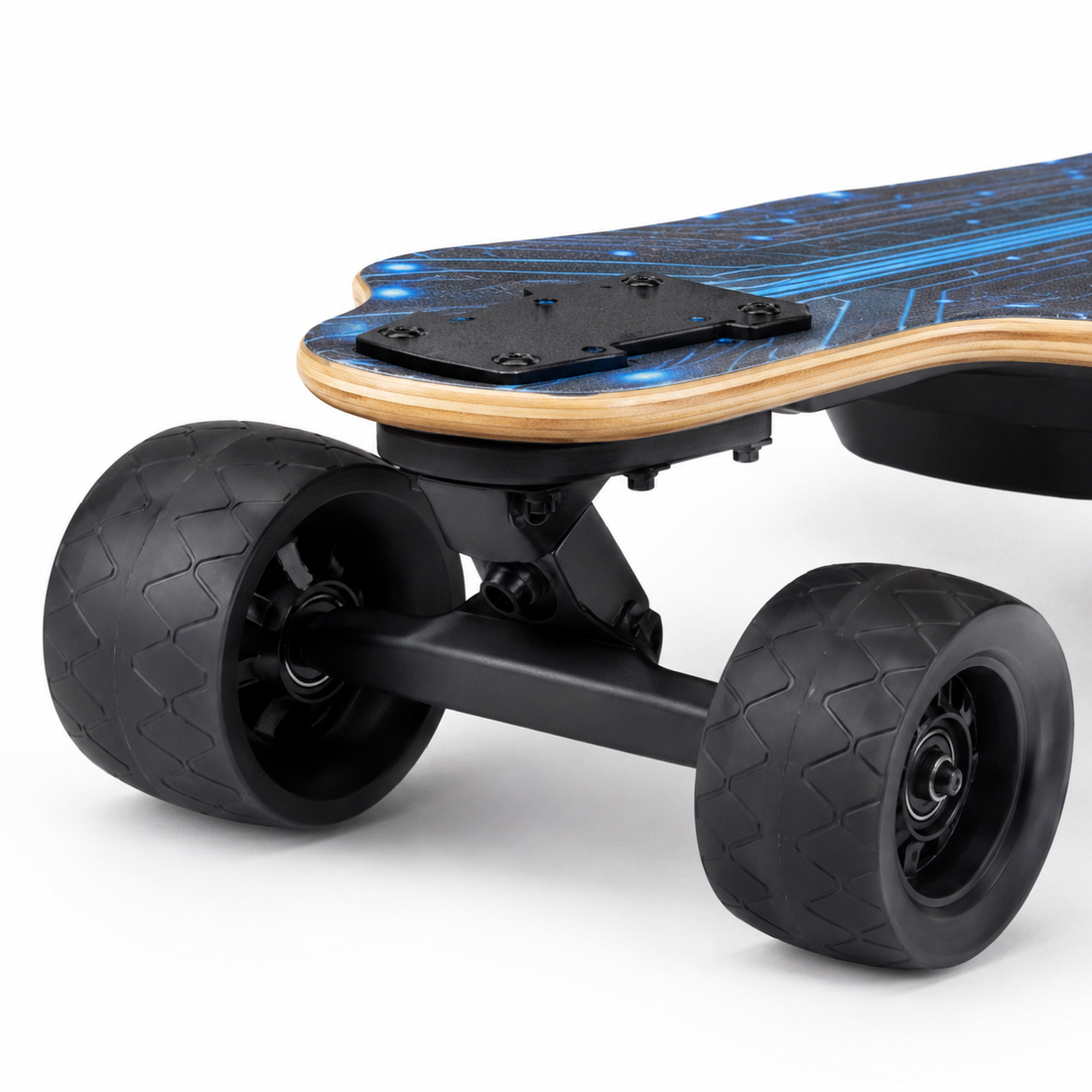 Close-up of an electric skateboard showing the front two wheels, black frame, and part of the deck with a blue graphic pattern and natural wood edge on a white background.