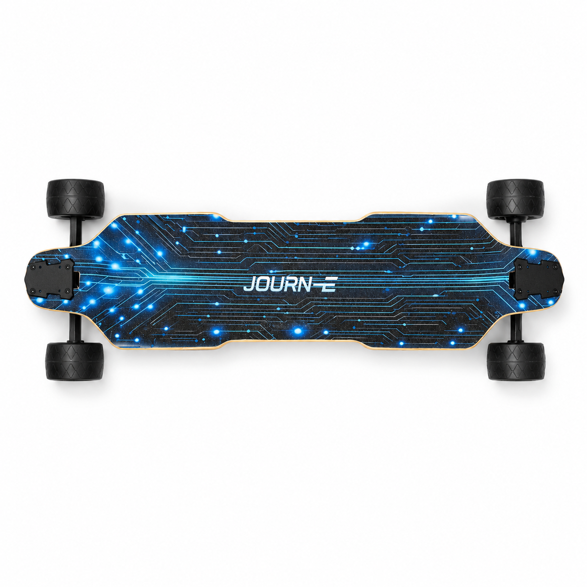A top-down view of a JOURN-E electric skateboard with a black deck featuring a blue circuit board pattern and glowing blue light effects, mounted on black wheels.