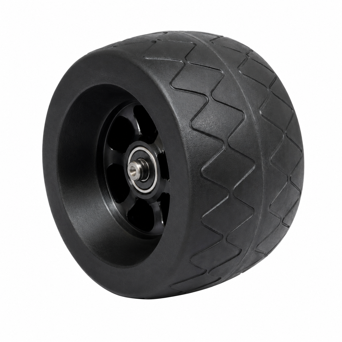 A single black caster wheel with a textured tread pattern and a multi-spoke hub, isolated on a white background. Journ-e Spartan Wheel Product Image