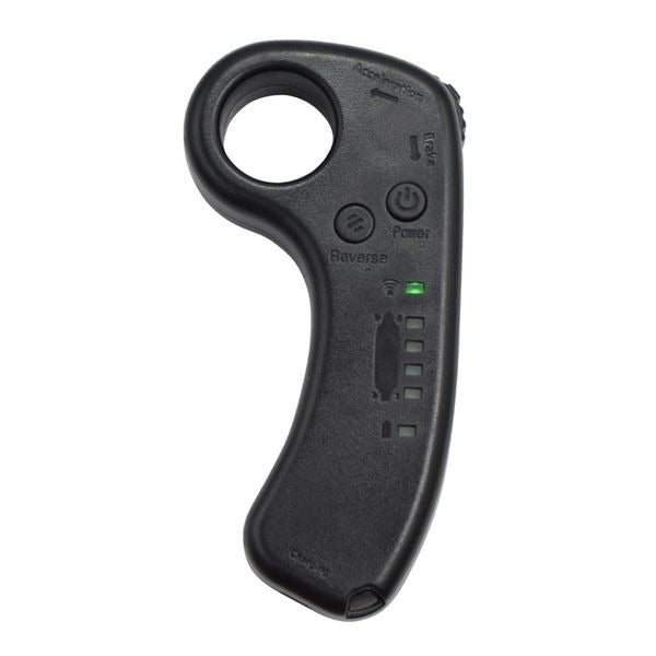 A black handheld electronic device with a circular opening at the top, featuring buttons and indicator lights, shown on a plain white background.
