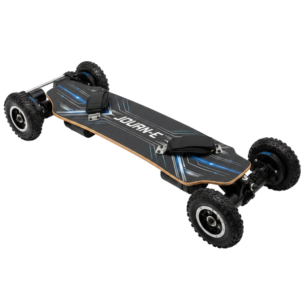 A black electric longboard skateboard with blue graphic accents, four rugged tires, and the brand name 'JOURN-E' printed on the deck, shown against a solid black background.