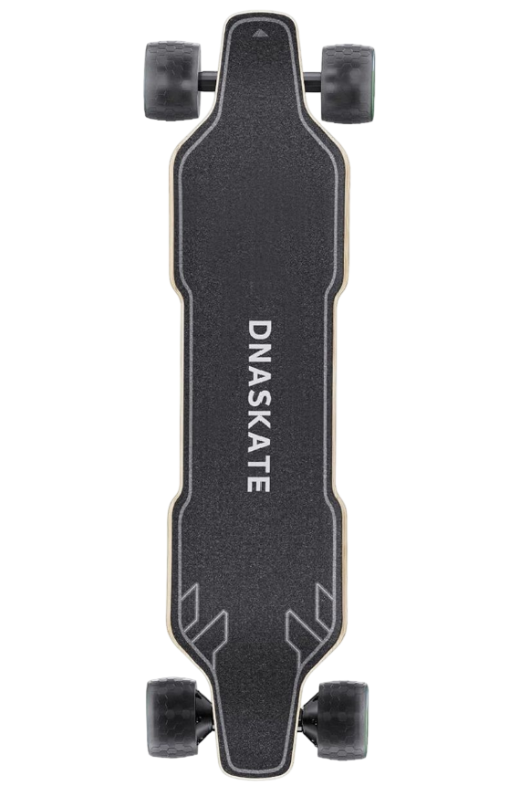 A top-down view of a black DNASKATE longboard electric skateboard with four black wheels, shown against a plain white background.