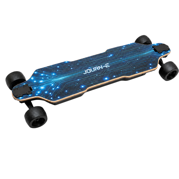 A longboard skateboard with a dark blue and black electronic circuit board graphic on the deck, featuring the brand name 'JOURN-E' in white. It has black wheels and is photographed at an angle on a clean white background.
