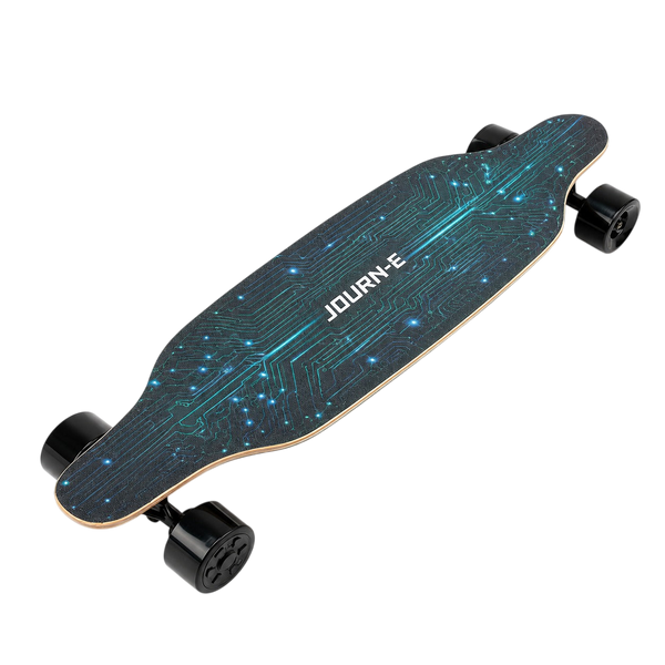 A longboard electric skateboard with a dark teal and black circuit board pattern, featuring the brand name 'JOURN-E' printed in white on the deck. The skateboard is shown at an angle on a clean white background.