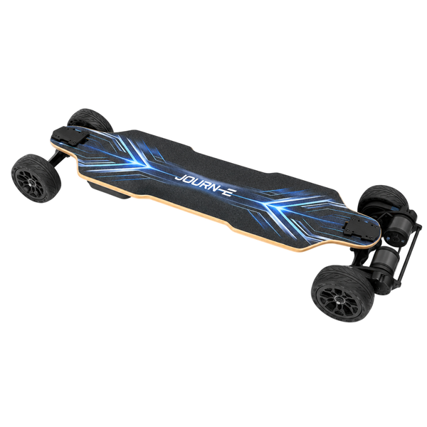 A longboard electric skateboard with a black deck featuring blue geometric graphics and the brand name 'JOURN-E' printed on the top. It has four black wheels and a black motorized rear system, shown from a high-angle perspective on a white background.